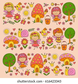 Illustration of magic forest with Fairies Doodle pattern for girls and kindergarten, children shop Kids drawing style