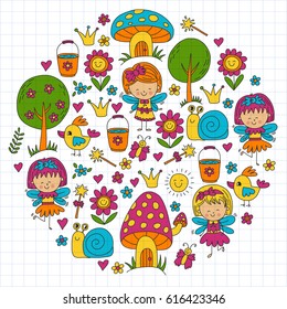Illustration of magic forest with Fairies Doodle pattern for girls and kindergarten, children shop Kids drawing style