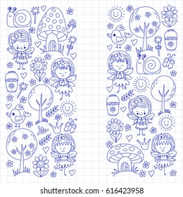 Illustration of magic forest with Fairies Doodle pattern for girls and kindergarten, children shop Kids drawing style