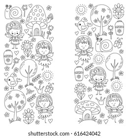 Illustration of magic forest with Fairies Doodle pattern for girls and kindergarten, children shop Kids drawing style