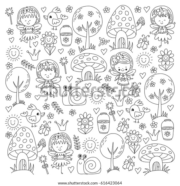 Illustration Magic Forest Fairies Doodle Pattern Stock Vector Royalty Free