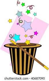 Illustration of magic hat and stick with magic design	