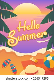 illustration of magic hour sunset time at the beach in summer time with text Hello summer