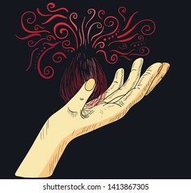Illustration of a magic humans hands with small fire in graphics. Figure black pen, vector isolated background