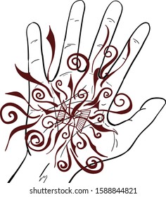 Illustration of a magic humans hands with small magic in graphics. Figure black pen, vector isolated background
