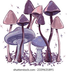 Illustration of magic mushrooms grow in a clearing. Made in lilac, blue, purple and pink tones. A picture from the series Alice in Wonderland. Vector version 