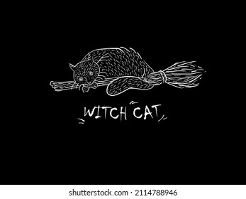 Illustration Magic Mystical Witch Cat On Linocut For Print