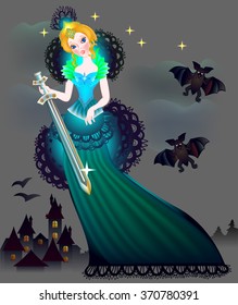 Illustration of magic princess wits a sword in wonderland, vector cartoon image.