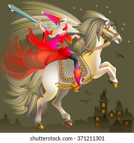 Illustration of magic princess wits a sword riding on horse, vector cartoon image.
