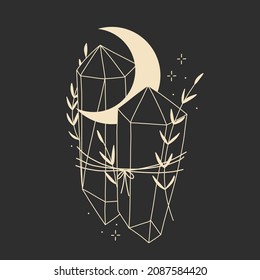 illustration of a magic rite, mystical crystal and the phases of the moon. retro vintage engraving style