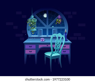 Illustration of a magic room at night. A large and round window, vintage furniture, and unusual details such as a cage with plants, a glowing snail, and a candle make the room look fabulous.