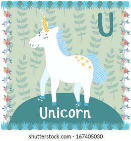 Illustration of magic smiling unicorn on the background with floral elements.Vector card of animal alphabet.