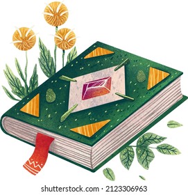 ilustración un libro de hechizos mágicos con un cristal en el medio