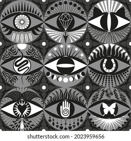 Illustration with magic symbols on a lace mesh background in black and white color, seamless pattern
