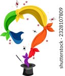 Illustration of Magic Top Hat, Floating Wand and Cards with Tied Colorful Cloths Forming Question Mark Shape