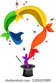 Illustration of Magic Top Hat, Floating Wand and Cards with Tied Colorful Cloths Forming Question Mark Shape