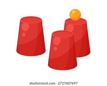 Ilustração de um truque de mágica usando copos e bolas