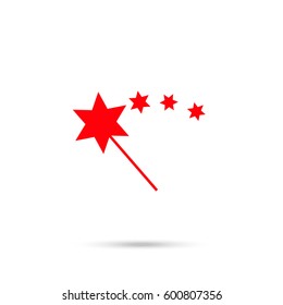 Illustration of magic wand icon on white background. Red icon and gray shadow