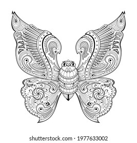 Illustration of magic warlike butterfly from ancient legend. Black and white page for kids coloring book. Print for logo or tattoo. Sheet for drawing and meditation for children and adults.