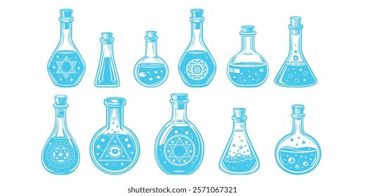 Illustration of magical bottles with symbols of stars, the moon, and geometric patterns. Blue on a white background creates a mystical vibe. Perfect for card design, packaging, and fantasy projects.