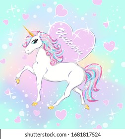 Illustration with a magical, cute unicorn. On the background a delicate multi-colored gradient.