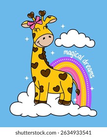 Illustration of a magical giraffe in the clouds and rainbow