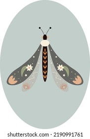  Illustration of a magical night moth with plants and cosmic elements. magical elements. Good for printing on postcard, fabric, calendar, sticker, design