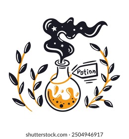 An Illustration of a Magical Potion Featuring a Beautiful Smoky Effect for Art Lovers. Vector illustration for Halloween. Witchcraft, Autumn Leaves. Starry sky