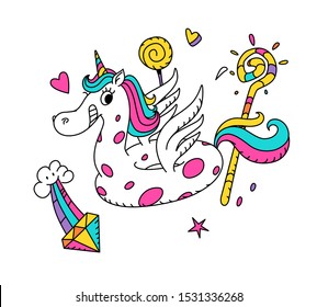 Illustration of a magical unicorn in the form of a rubber ring. Vector. Cartoon hero cute horse with wings. Kawaii character. Mythical creature, symbolizes chastity. Sticker for girls.