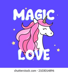 ILLUSTRATION OF A MAGICAL UNICORN WITH PINK HAIR, SLOGAN PRINT VECTOR
