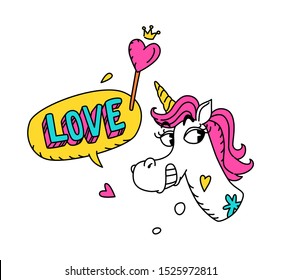 Illustration of a magical unicorn with a pink mane. Vector. Cartoon hero cute horse with a horn. Kawaii character. Mythical creature, symbolizes chastity. Sticker with an ironic animal.