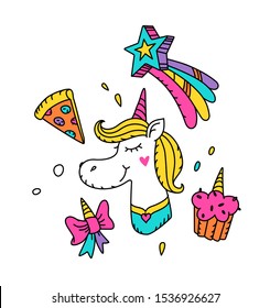 Illustration of a magical unicorn with a yellow mane. Vector. Cartoon hero cute horse with a horn. Kawaii character. Existing mythical creature with pizza and muffin. Sticker for girls.