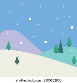 Illustration of magical winter hills and forest in the snow. It is suitable for use for postcards, gifts, websites, social media.