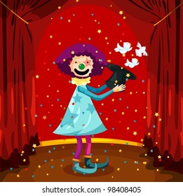illustration of magician clown with bird