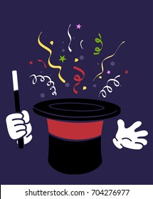 Illustration of a Magician Hat, Gloves and Wand performing tricks with Confetti
