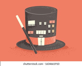 Illustration of a Magician Hat Miniature Building with a Door, Windows and a Wand