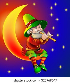 illustration magician plays on flute sitting on moon in the night