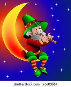  illustration magician plays on flute sitting on moon in the night