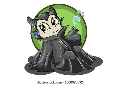 A illustration of a magician wearing a black robe and carrying a glass of green herb