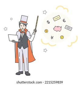 Illustration of a magician who makes money. It can also be used in business scenes.  vector.