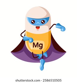 Illustration of a magnesium superhero character in yellow and white, flexing muscles, representing its importance in muscle function and relaxation.