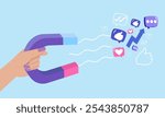 Illustration of a magnet pulling in social media icons like thumbs-up, hearts, and comments, symbolizing engagement and attraction in digital marketing. Perfect for social media strategy themes.