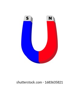 Illustration of magnetic north and south pole magnets. Sign of magnetic attraction between the north and south pole. The north pole magnet is red while the south pole magnet is blue.