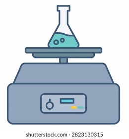 Illustration of a magnetic stirrer with a conical flask containing blue liquid