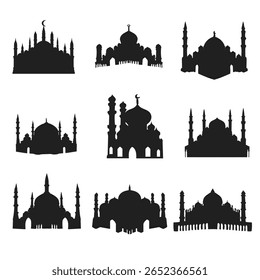  Illustration of a magnificent mosque silhouette, vector building of worship