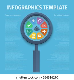 Illustration of Magnifier Zoom Tool with Vector Icons Inside which cab be used as Infographic Template 