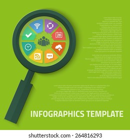 Illustration of Magnifier Zoom Tool with Vector Icons Inside which cab be used as Infographic Template 