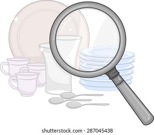 Illustration of a Magnifying Glass Being Used to Check the Cleanliness of Plates