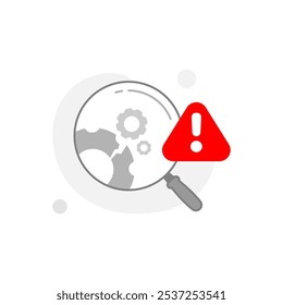 Ilustración de una lupa con un engranaje roto, error técnico, mal funcionamiento, fallo de búsqueda. para uso en App, Sitios web o infografías para comunicar visualmente las necesidades de solución de problemas