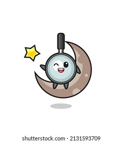 illustration of magnifying glass cartoon sitting on the half moon , cute style design for t shirt, sticker, logo element